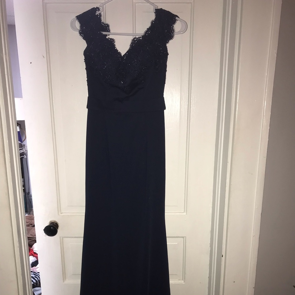Deep blue long prom dress.